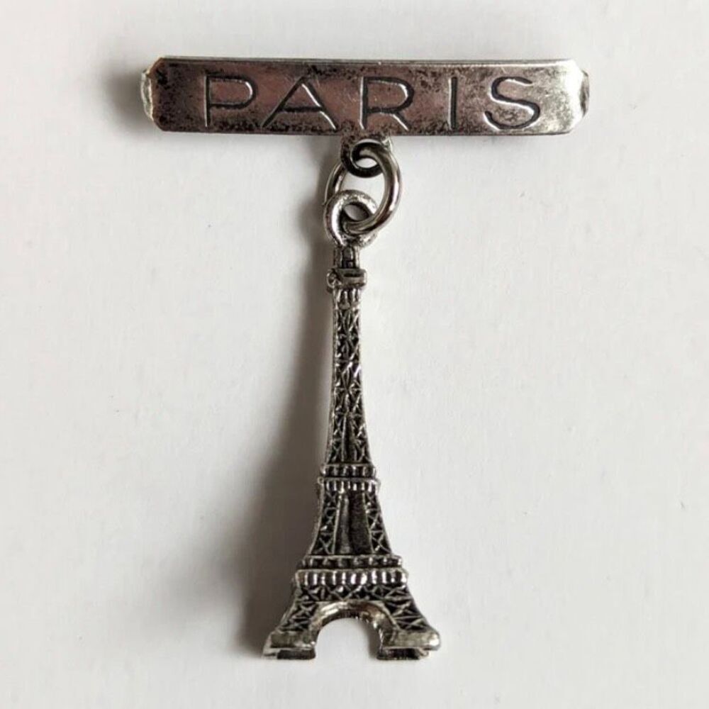 Vintage Antiqued PARIS Eiffel Tower Dangle Charm Collectible Jewelry Pin Brooch